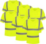 6 Pack High Visibility Reflective Safety Short Sleeve V Neck Crew Neck Work Shirts for Men Class 3 with Pocket