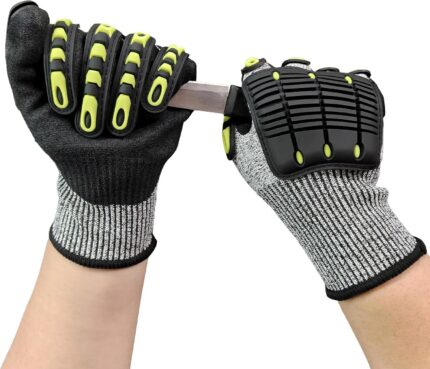Impact Protection Gloves,Level5 Cut Resistant Work Gloves,Nitrile Coated Heavy Duty Work Gloves, Anti Vibration Gloves For Men,Women(1Pair,Large)