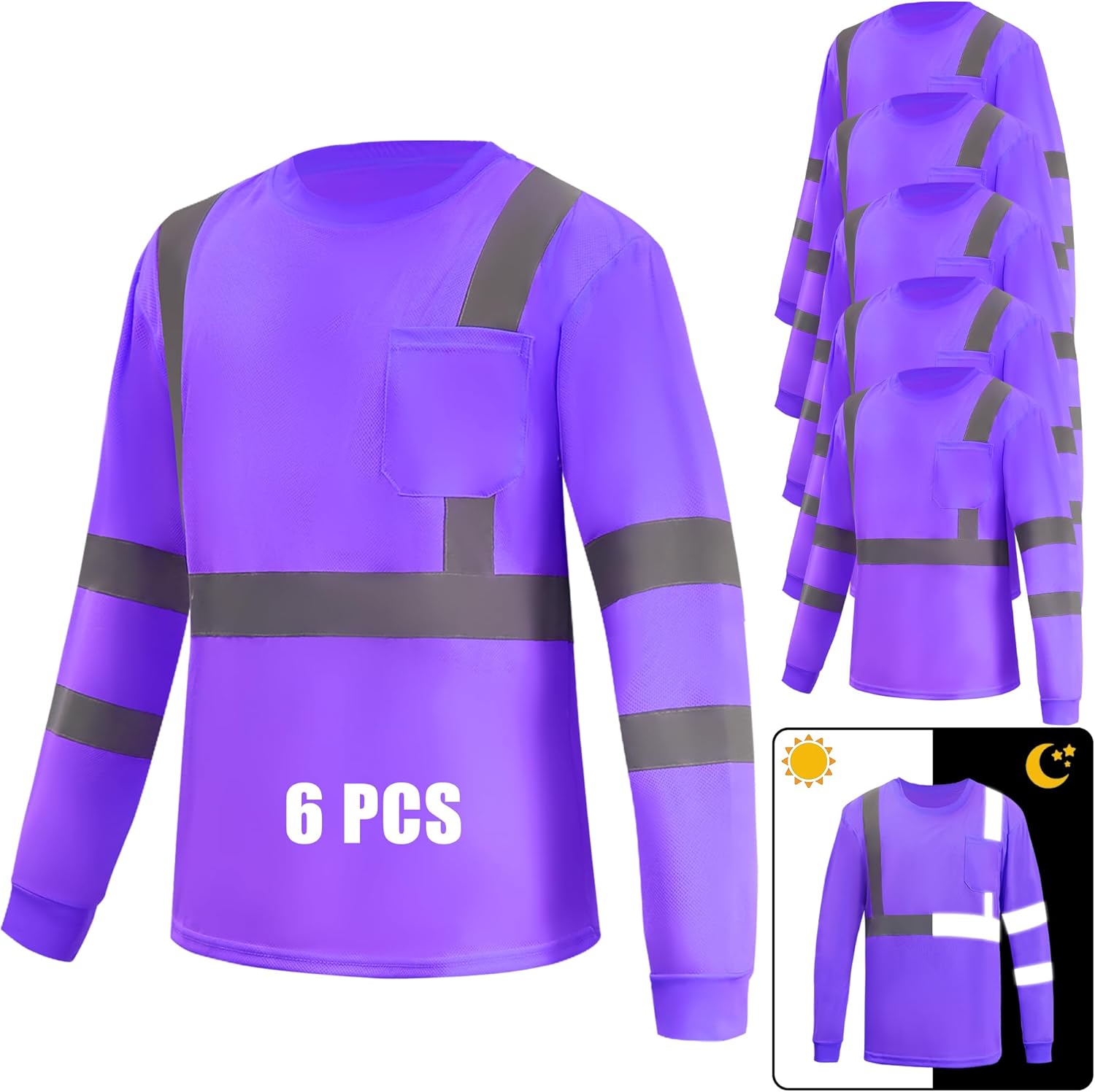 71d1R4G3ikL._AC_SL1500_.jpg 6 Pack Hi Vis Long Sleeve Safety Shirts Reflective Shirts for Railway Colleague Moisture Wicking Multipack - Image 1